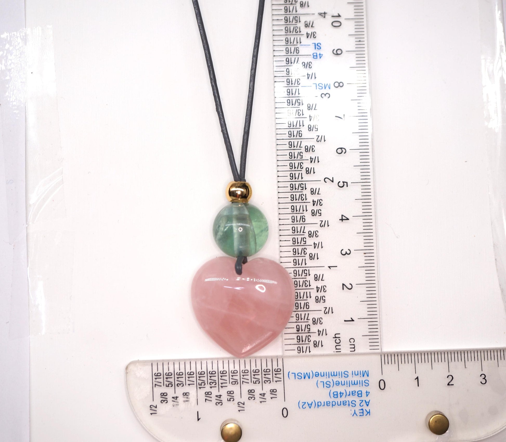 Chunky Rose Quartz Heart Necklace on 30" Adjustable Real Leather Cord, Geometric Green Fluorite Pendant, Large Natural Crystal Gift #2538