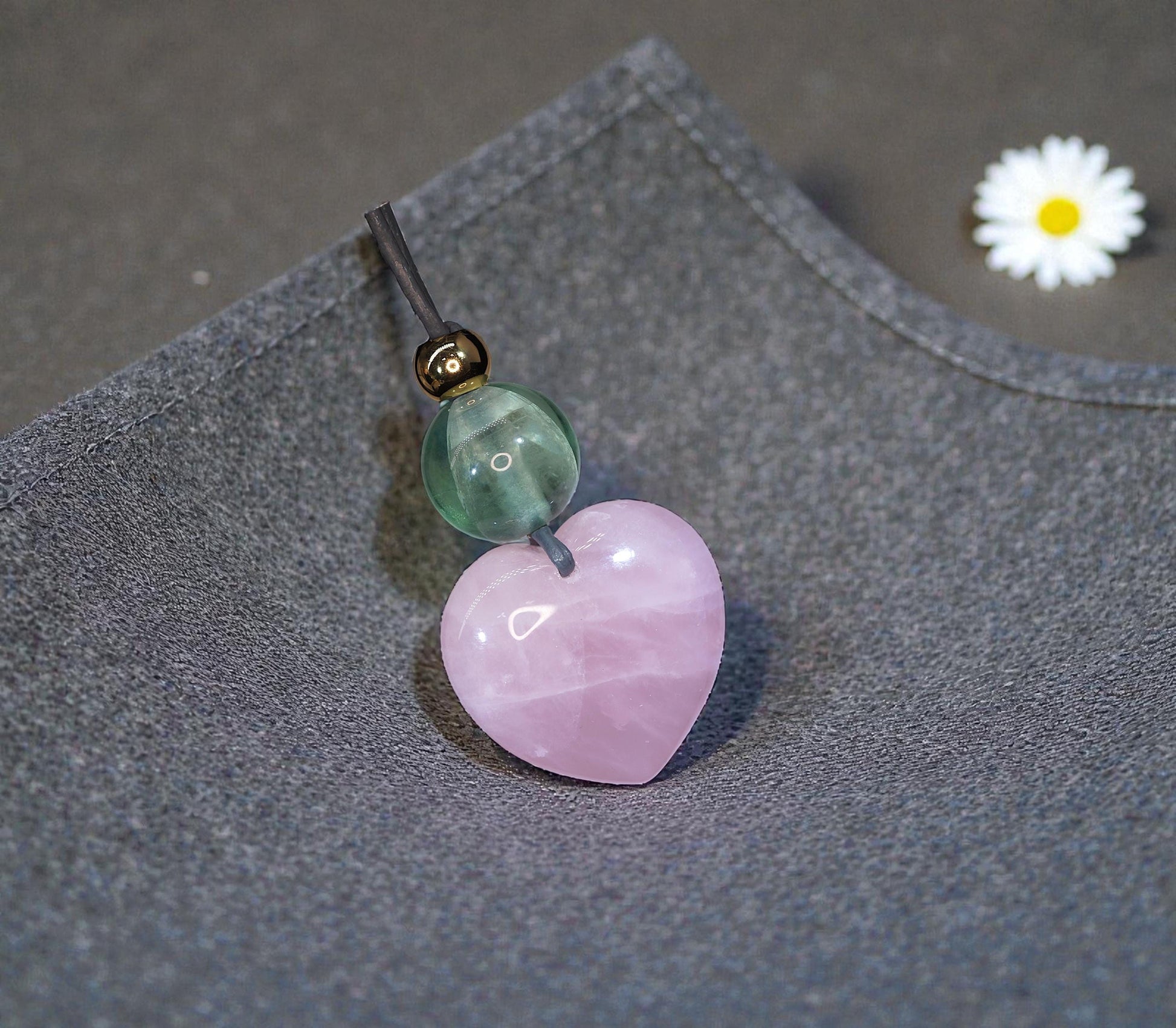 Chunky Rose Quartz Heart Necklace on 30" Adjustable Real Leather Cord, Geometric Green Fluorite Pendant, Large Natural Crystal Gift #2538