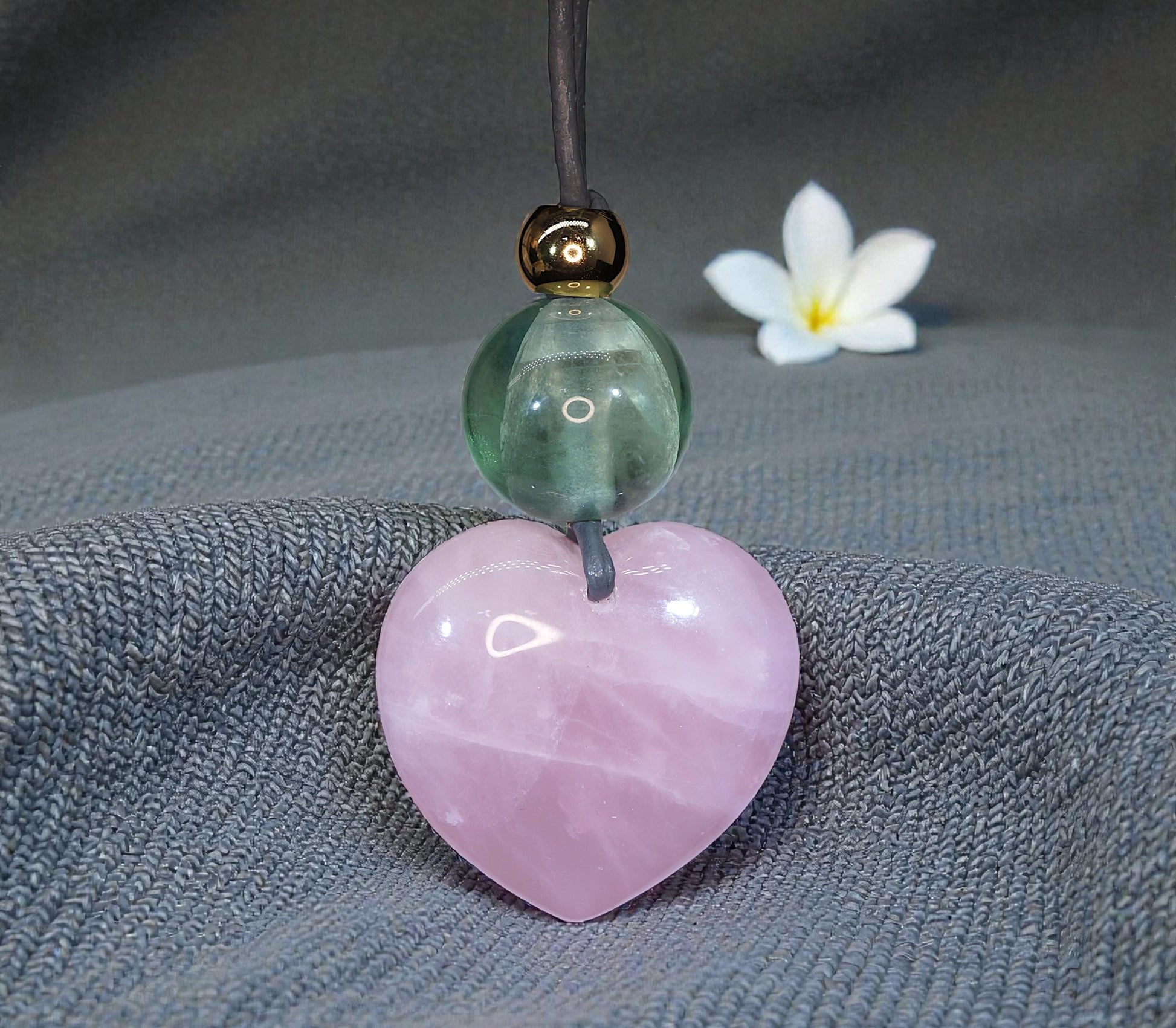 Chunky Rose Quartz Heart Necklace on 30" Adjustable Real Leather Cord, Geometric Green Fluorite Pendant, Large Natural Crystal Gift #2538