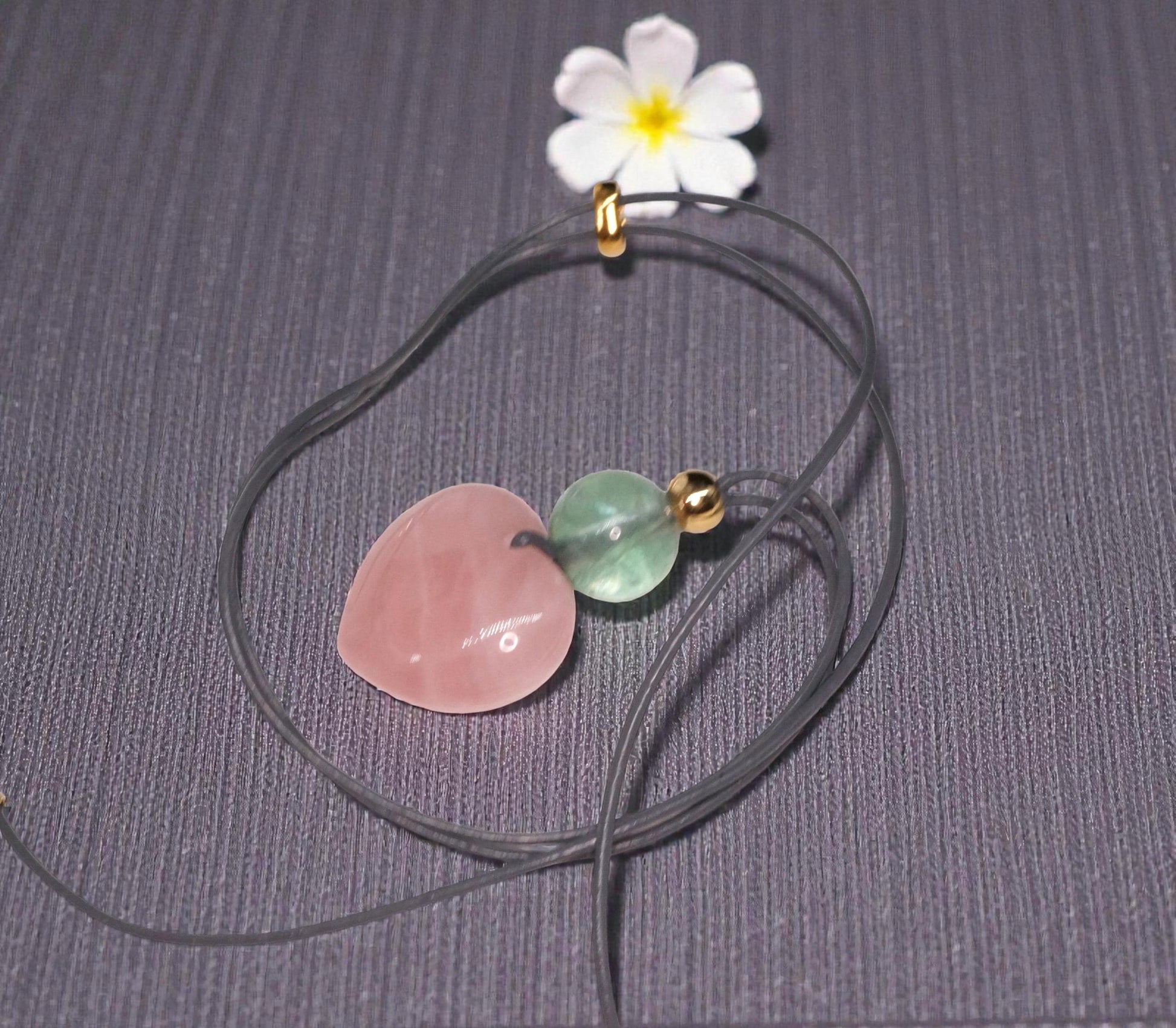 Chunky Rose Quartz Heart Necklace on 30" Adjustable Real Leather Cord, Geometric Green Fluorite Pendant, Large Natural Crystal Gift #2538