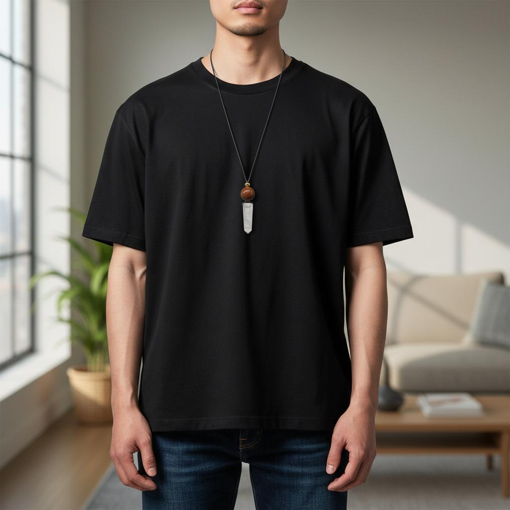 Chunky Clear Quartz Wand Necklace, Geometric Red Jasper Pendant on 30" Adjustable Real Leather Cord, Large Natural Crystal Healing #2539