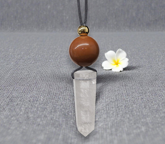 Chunky Clear Quartz Wand Necklace, Geometric Red Jasper Pendant on 30" Adjustable Real Leather Cord, Large Natural Crystal Healing #2539