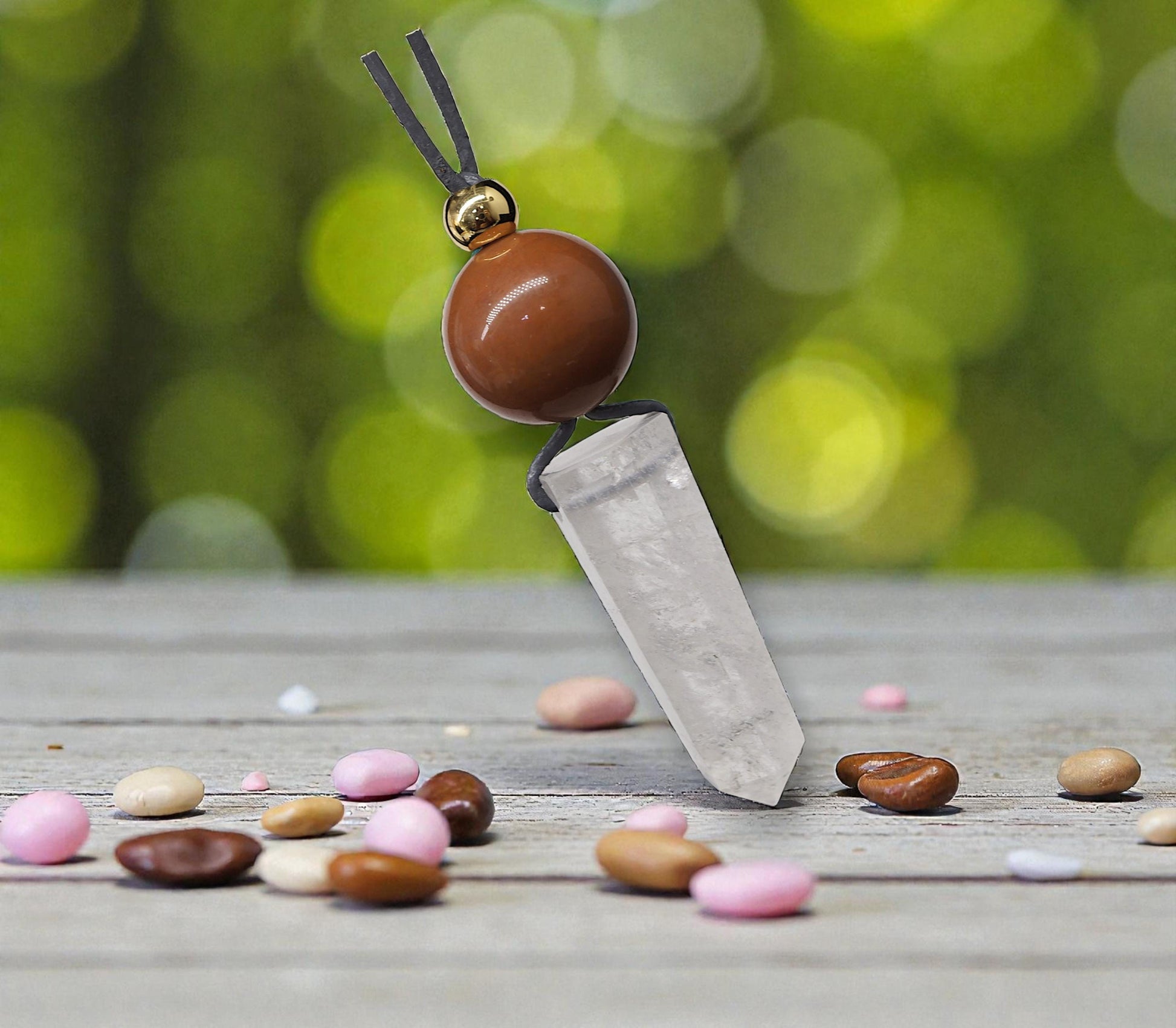 Chunky Clear Quartz Wand Necklace, Geometric Red Jasper Pendant on 30" Adjustable Real Leather Cord, Large Natural Crystal Healing #2539