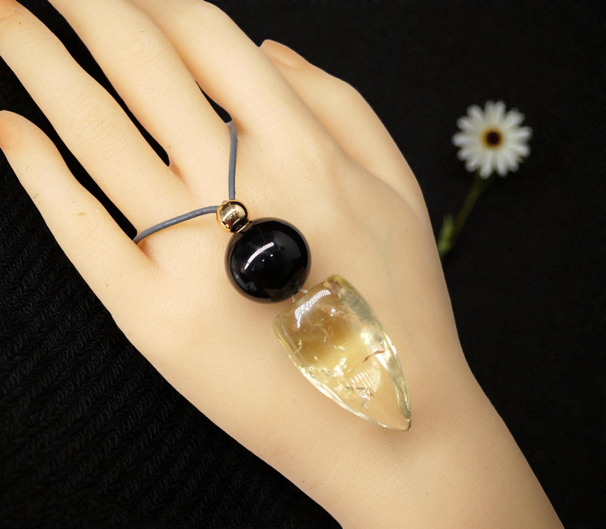 Chunky Citrine Shield Necklace, Geometric Black Obsidian Pendant on 30" Adjustable Real Leather Cord, Large Natural Crystal Protection #2540