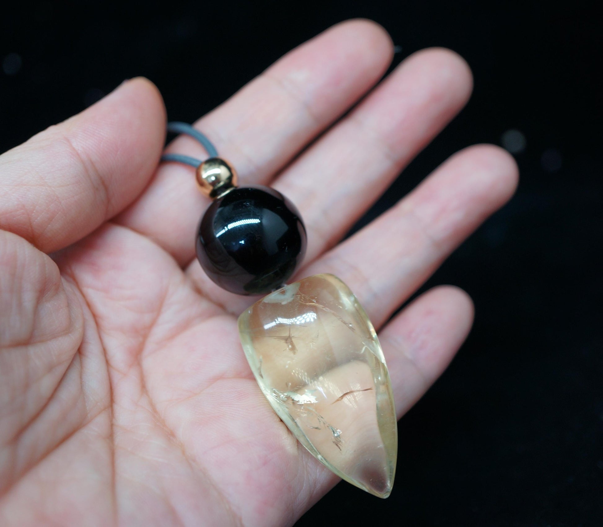 Chunky Citrine Shield Necklace, Geometric Black Obsidian Pendant on 30" Adjustable Real Leather Cord, Large Natural Crystal Protection #2540