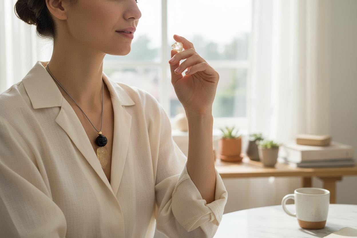 Chunky Citrine Shield Necklace, Geometric Black Obsidian Pendant on 30" Adjustable Real Leather Cord, Large Natural Crystal Protection #2540