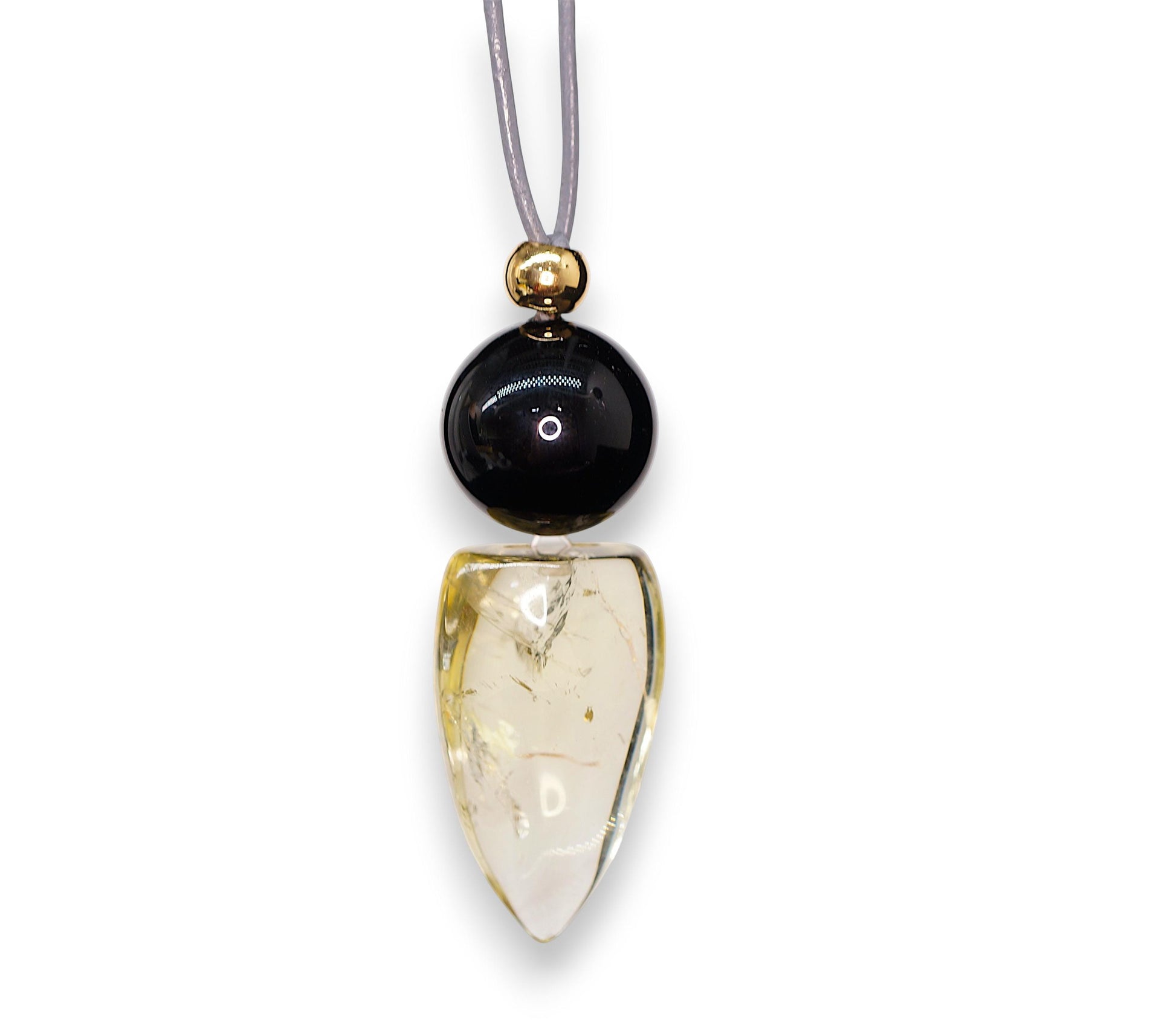 Chunky Citrine Shield Necklace, Geometric Black Obsidian Pendant on 30" Adjustable Real Leather Cord, Large Natural Crystal Protection #2540
