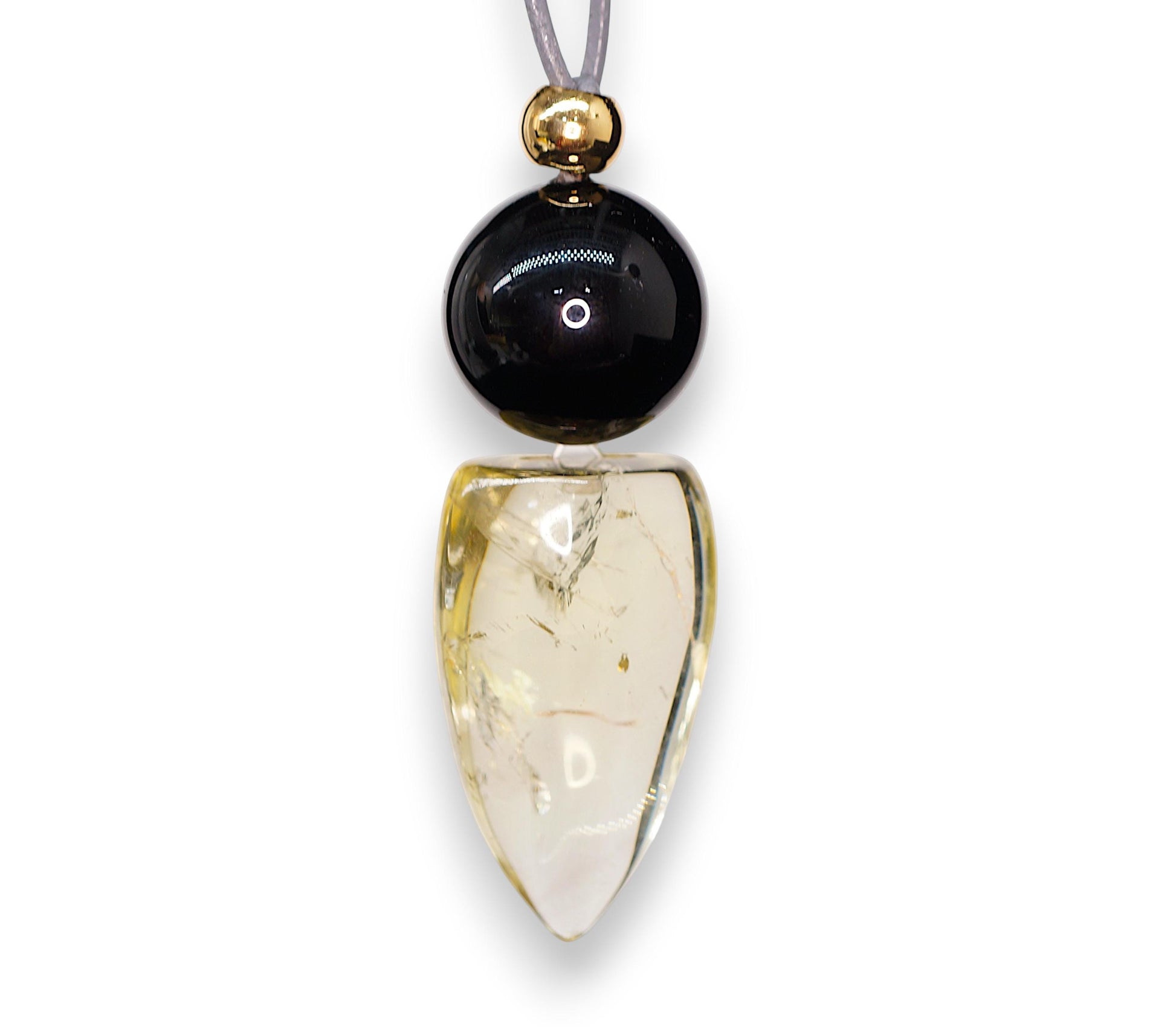 Chunky Citrine Shield Necklace, Geometric Black Obsidian Pendant on 30" Adjustable Real Leather Cord, Large Natural Crystal Protection #2540