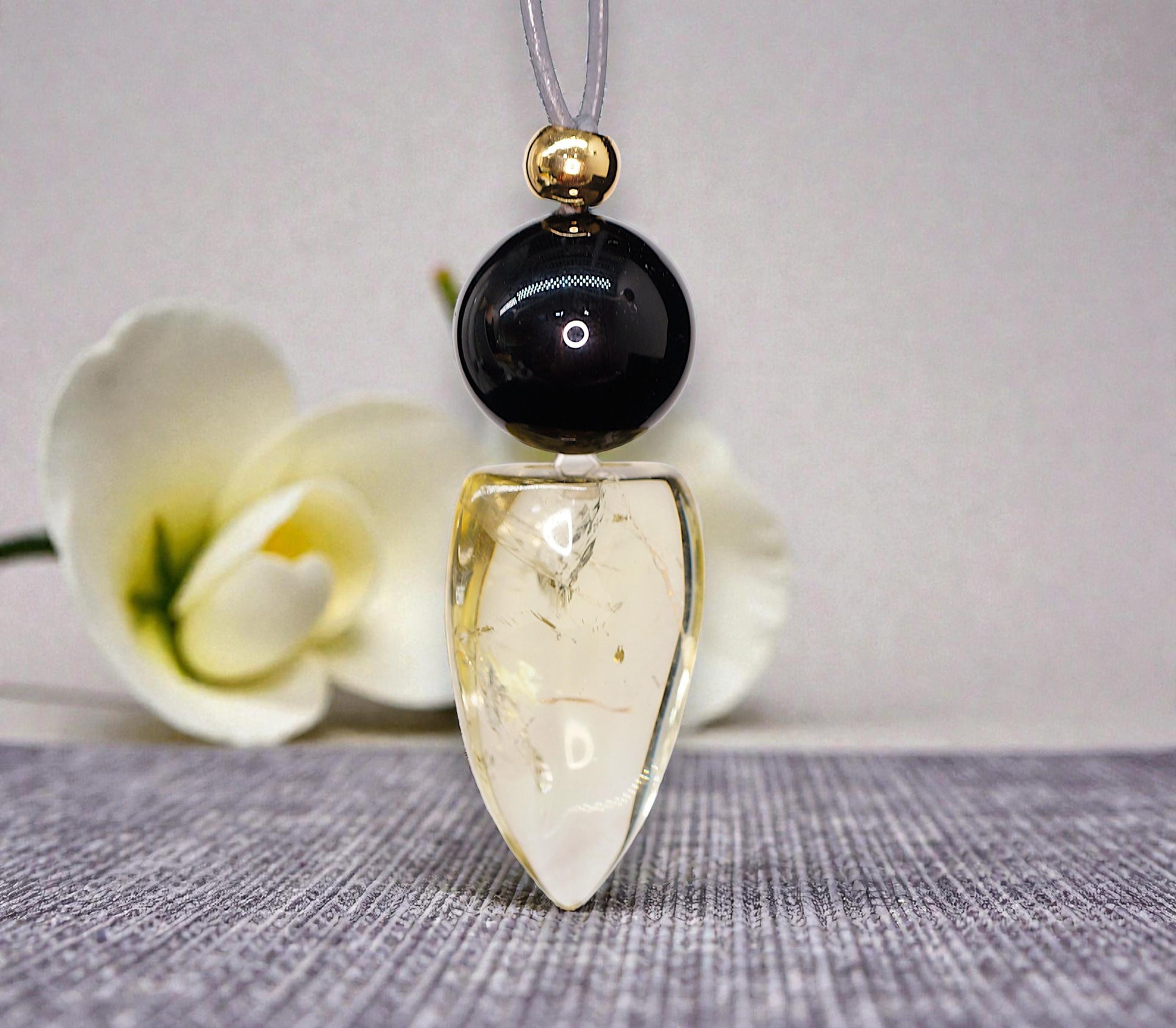 Chunky Citrine Shield Necklace, Geometric Black Obsidian Pendant on 30" Adjustable Real Leather Cord, Large Natural Crystal Protection #2540