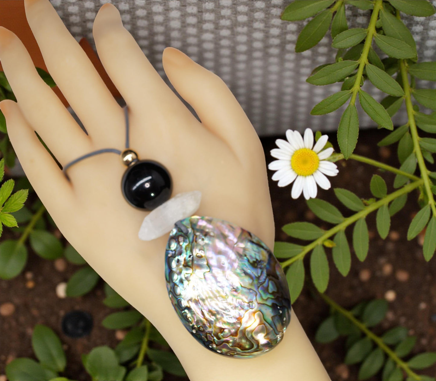 Chunky Abalone Shell Necklace, Geometric Obsidian & Quartz Pendant, 30" Adjustable Leather Cord, Natural Double-Sided Shell Gift #2541