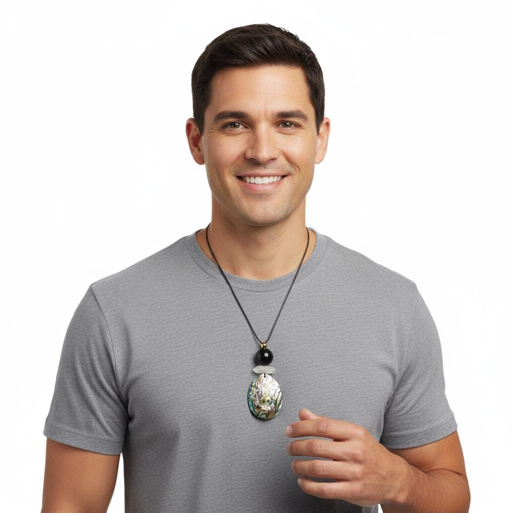 Chunky Abalone Shell Necklace, Geometric Obsidian & Quartz Pendant, 30" Adjustable Leather Cord, Natural Double-Sided Shell Gift #2541