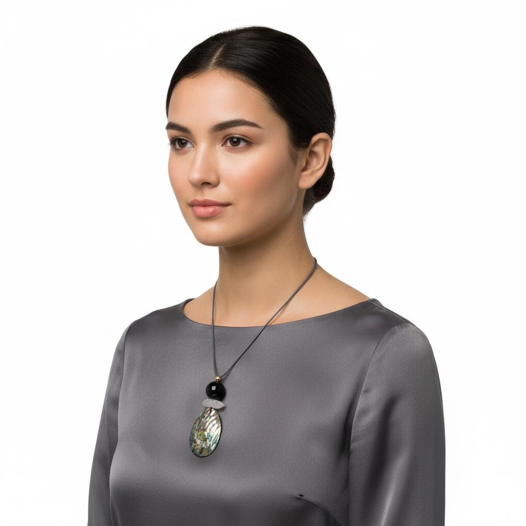 Chunky Abalone Shell Necklace, Geometric Obsidian & Quartz Pendant, 30" Adjustable Leather Cord, Natural Double-Sided Shell Gift #2541