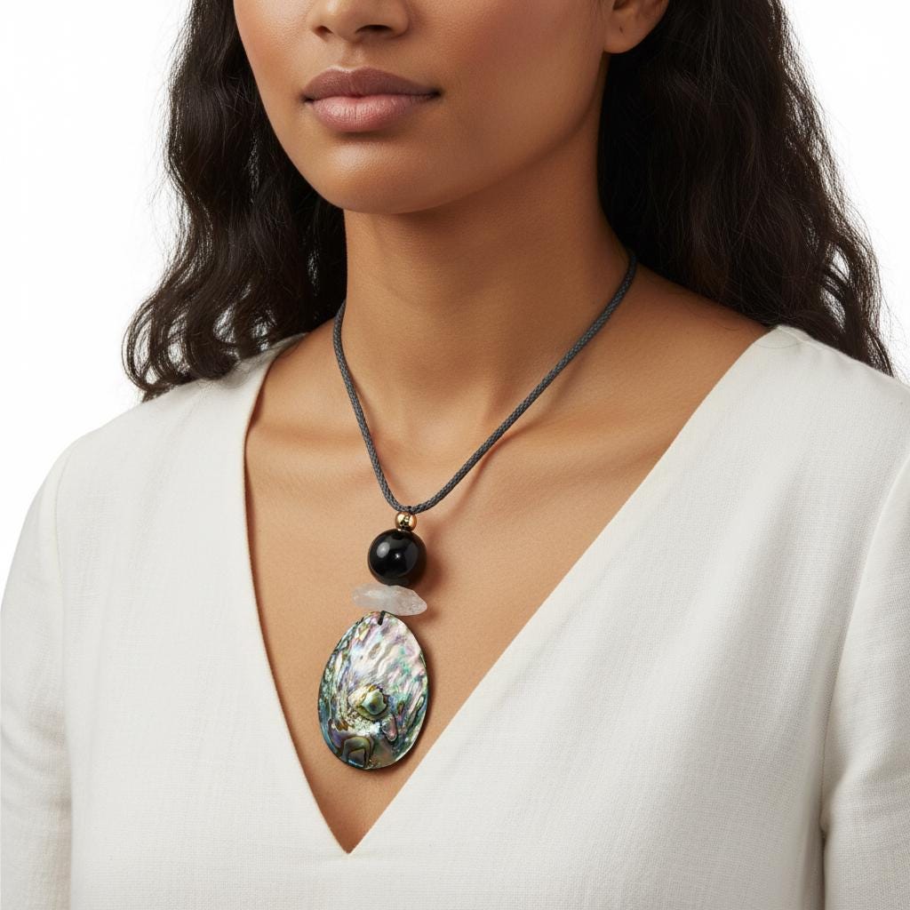 Chunky Abalone Shell Necklace, Geometric Obsidian & Quartz Pendant, 30" Adjustable Leather Cord, Natural Double-Sided Shell Gift #2541