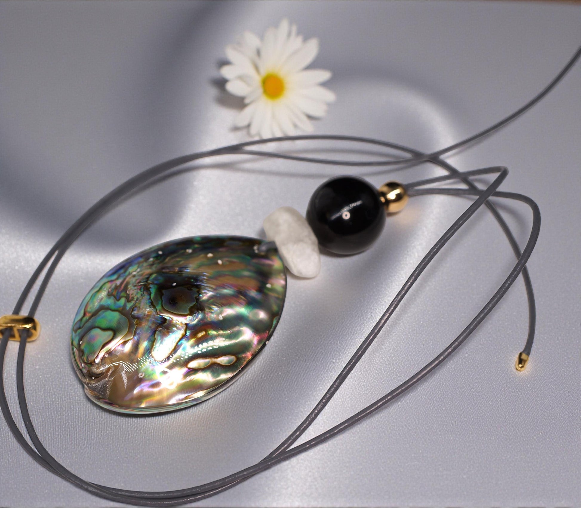 Chunky Abalone Shell Necklace, Geometric Obsidian & Quartz Pendant, 30" Adjustable Leather Cord, Natural Double-Sided Shell Gift #2541