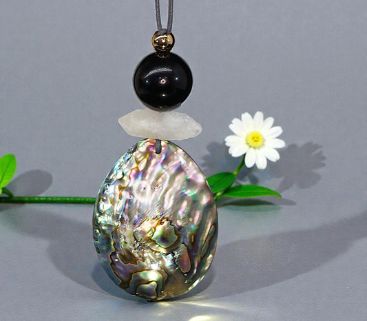 Chunky Abalone Shell Necklace, Geometric Obsidian & Quartz Pendant, 30" Adjustable Leather Cord, Natural Double-Sided Shell Gift #2541