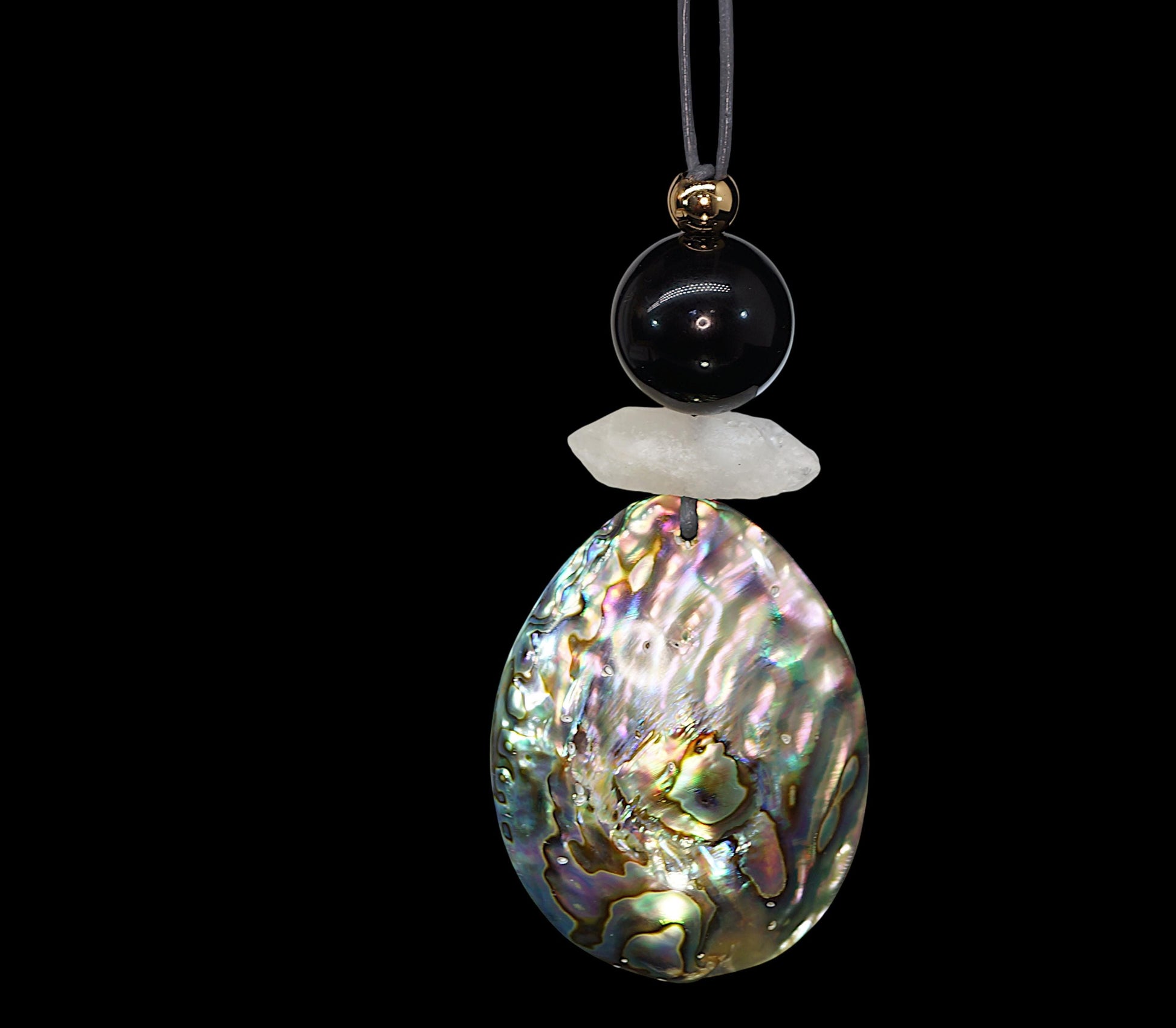 Chunky Abalone Shell Necklace, Geometric Obsidian & Quartz Pendant, 30" Adjustable Leather Cord, Natural Double-Sided Shell Gift #2541