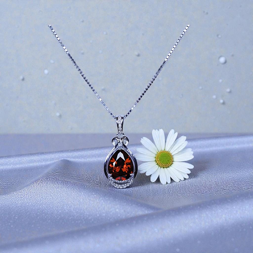 Teardrop Garnet Necklace - White Gold plated Sterling Silver - 2.75 CT Red Garnet Pendant - January Birthstone #438