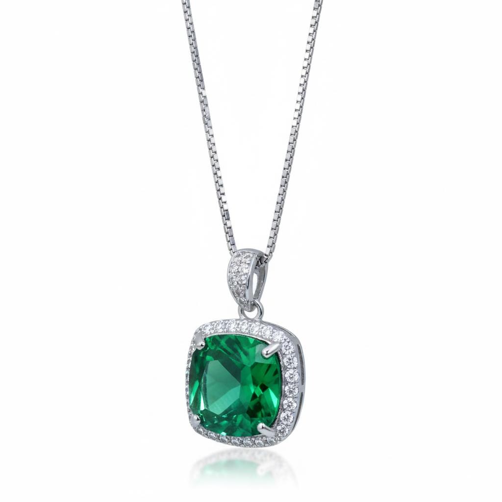 Large Emerald Necklace - Sterling Silver Square 10 mm lab created Green Emerald Pendant - May Birthstone 18KGP #958