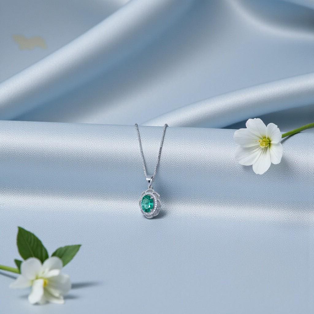 Paraiba Tourmaline Necklace, Lab Created Blue Green Gemstone Pendant, Sterling Silver Floral Halo Necklace, Victorian Style Jewelry 1143