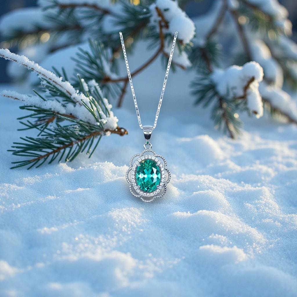 Paraiba Tourmaline Necklace, Lab Created Blue Green Gemstone Pendant, Sterling Silver Floral Halo Necklace, Victorian Style Jewelry 1143