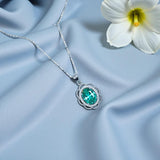 Paraiba Tourmaline Necklace, Lab Created Blue Green Gemstone Pendant, Sterling Silver Floral Halo Necklace, Victorian Style Jewelry 1143