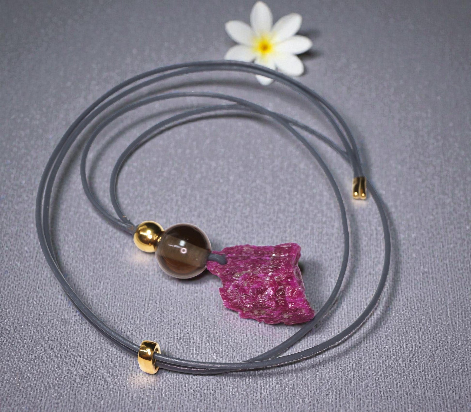 Chunky Raw Ruby Necklace, Geometric Smoky Quartz Pendant, Natural Rough Stone Jewelry, Adjustable Leather Cord Gift for Her #2585