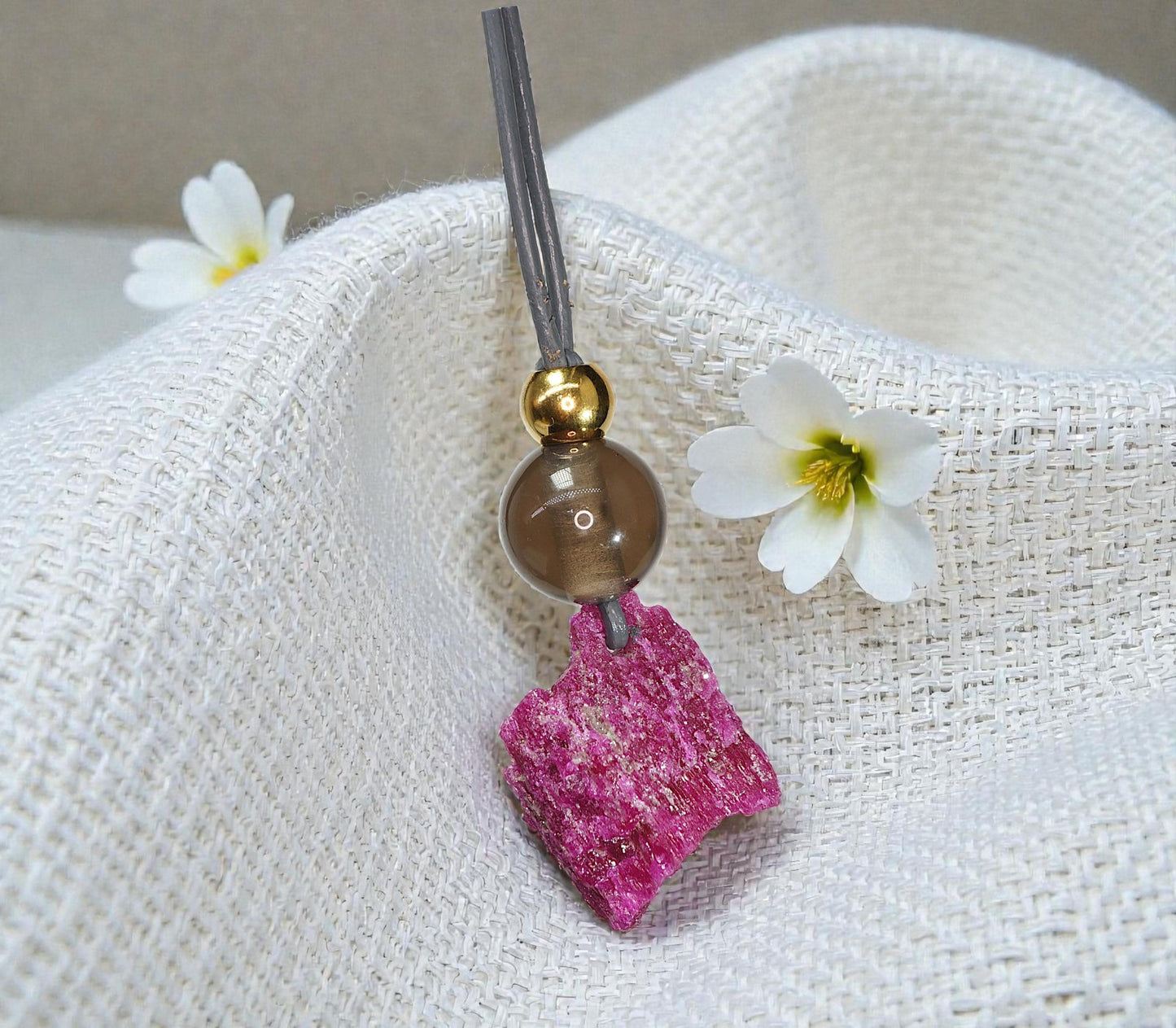 Chunky Raw Ruby Necklace, Geometric Smoky Quartz Pendant, Natural Rough Stone Jewelry, Adjustable Leather Cord Gift for Her #2585