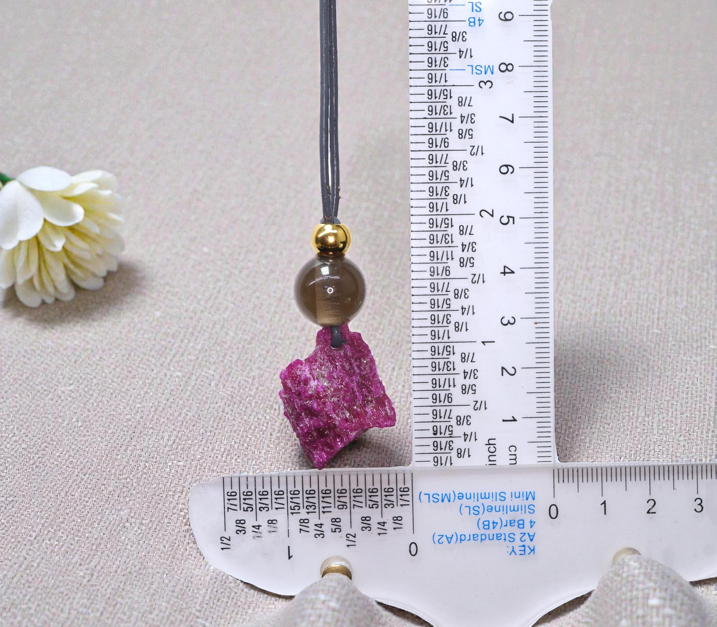 Chunky Raw Ruby Necklace, Geometric Smoky Quartz Pendant, Natural Rough Stone Jewelry, Adjustable Leather Cord Gift for Her #2585