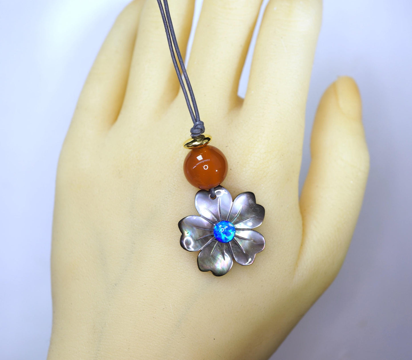 Black Shell Flower Necklace, Geometric Blue Opal & 12mm Carnelian Pendant, Hand-Carved Floral Jewelry, Adjustable Leather Gift Chunky #2584