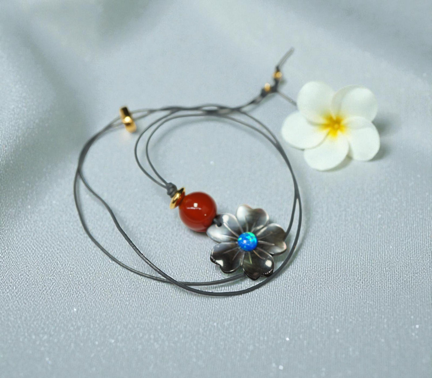 Black Shell Flower Necklace, Geometric Blue Opal & 12mm Carnelian Pendant, Hand-Carved Floral Jewelry, Adjustable Leather Gift Chunky #2584