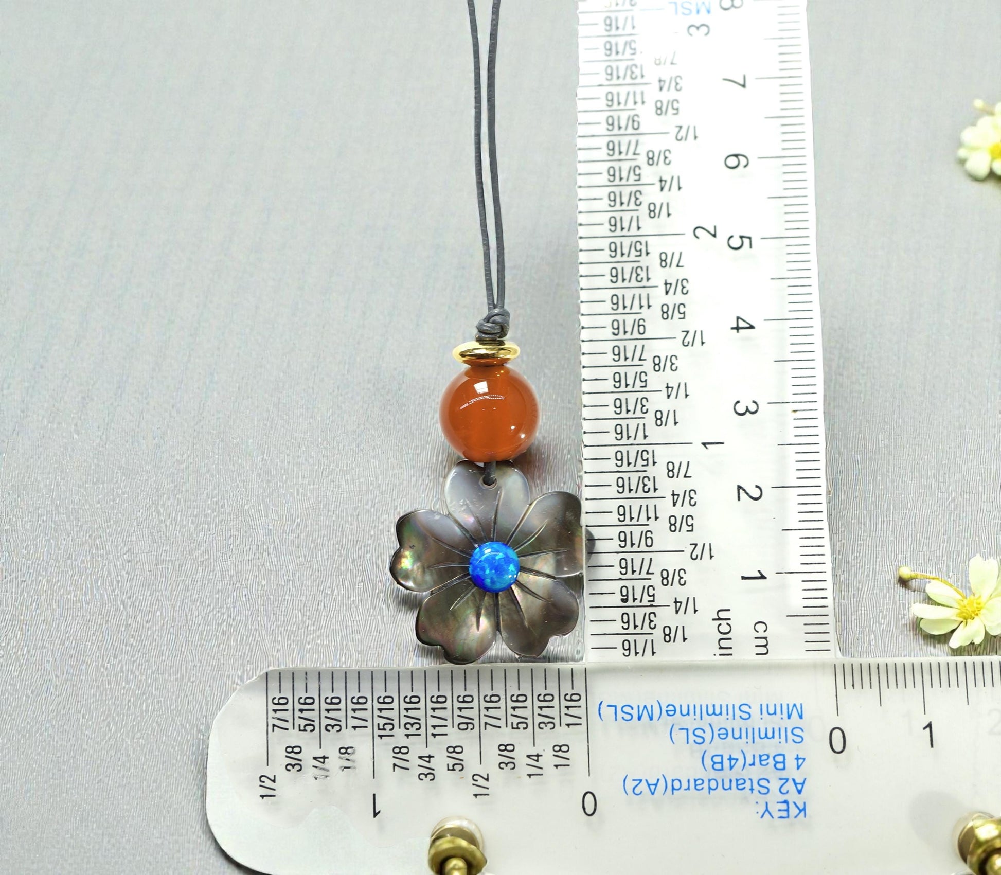 Black Shell Flower Necklace, Geometric Blue Opal & 12mm Carnelian Pendant, Hand-Carved Floral Jewelry, Adjustable Leather Gift Chunky #2584