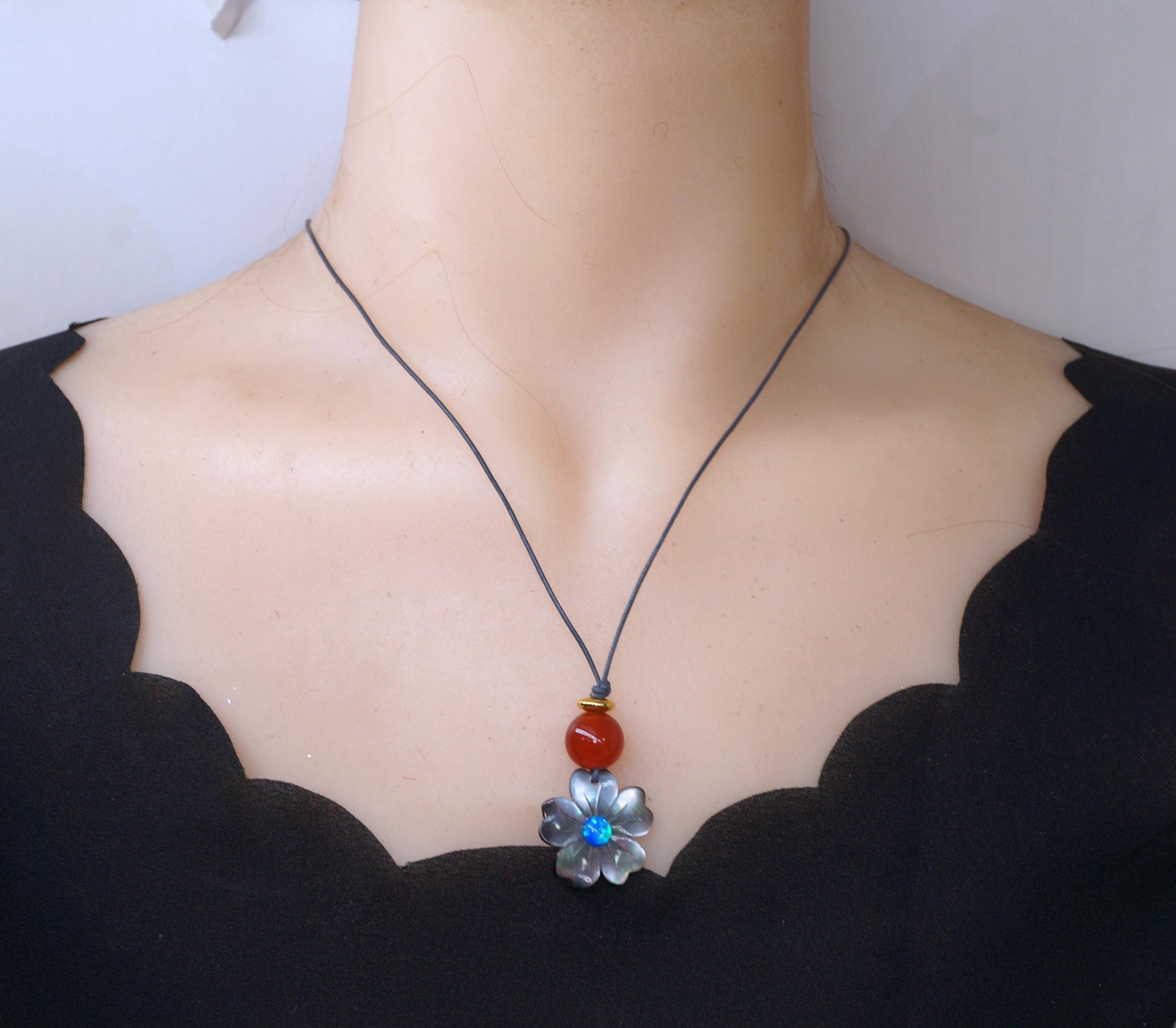 Black Shell Flower Necklace, Geometric Blue Opal & 12mm Carnelian Pendant, Hand-Carved Floral Jewelry, Adjustable Leather Gift Chunky #2584