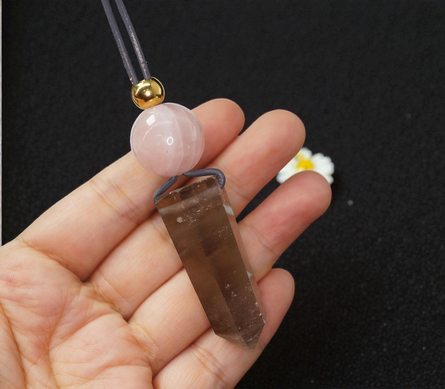 Chunky Smoky Quartz Point Necklace, Geometric Rose Quartz Pendant, Natural Crystal Jewelry, Adjustable Leather #2583