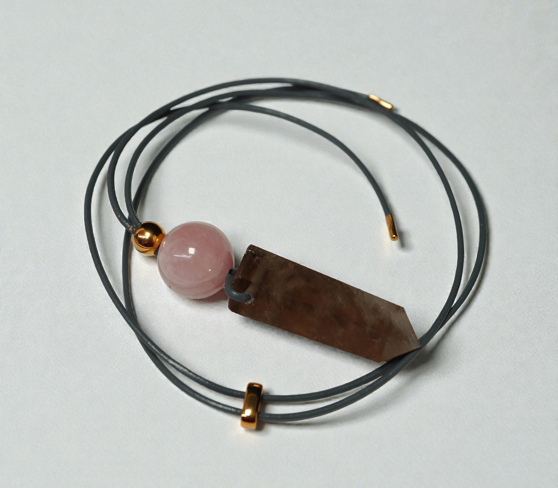 Chunky Smoky Quartz Point Necklace, Geometric Rose Quartz Pendant, Natural Crystal Jewelry, Adjustable Leather #2583