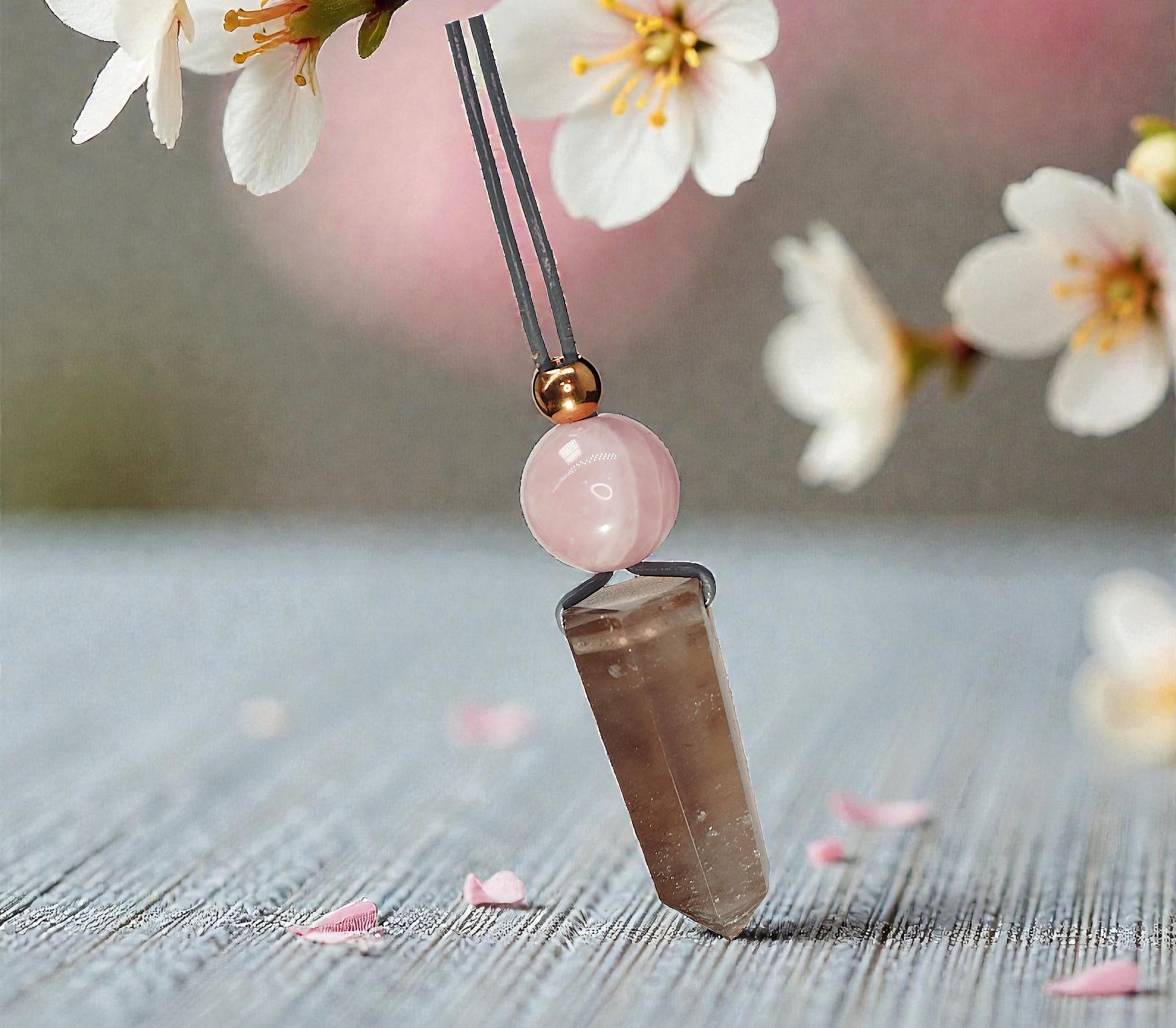 Chunky Smoky Quartz Point Necklace, Geometric Rose Quartz Pendant, Natural Crystal Jewelry, Adjustable Leather #2583