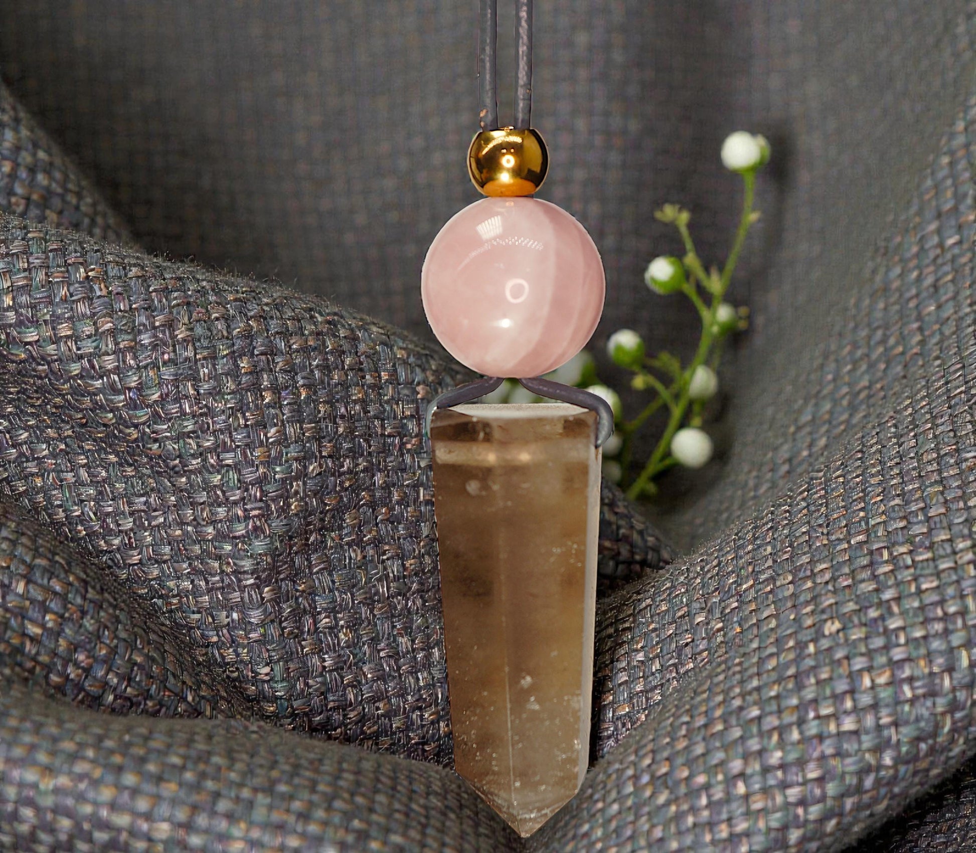 Chunky Smoky Quartz Point Necklace, Geometric Rose Quartz Pendant, Natural Crystal Jewelry, Adjustable Leather #2583