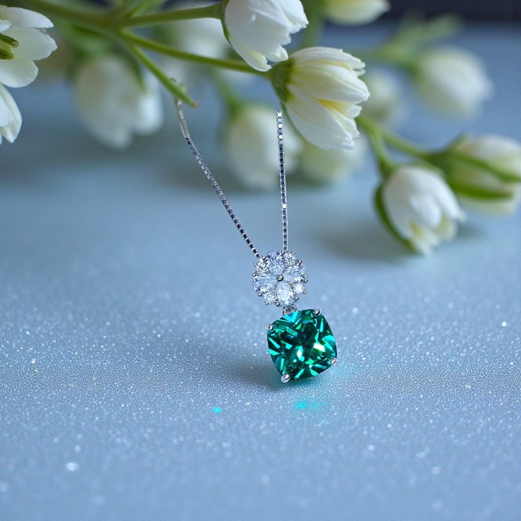 Paraiba Blue Tourmaline Necklace, Cushion Cut Gemstone Pendant, Sterling Silver Gold Plated Jewelry, Unique Gift for Her, Neon Blue 1144