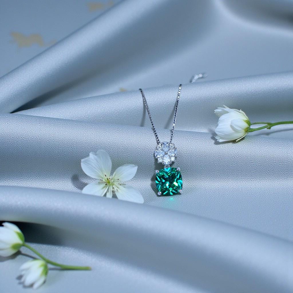 Paraiba Blue Tourmaline Necklace, Cushion Cut Gemstone Pendant, Sterling Silver Gold Plated Jewelry, Unique Gift for Her, Neon Blue 1144