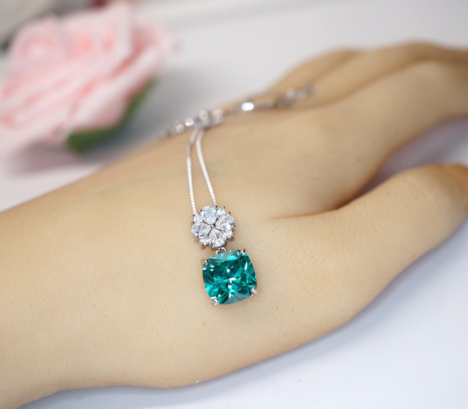 Paraiba Blue Tourmaline Necklace, Cushion Cut Gemstone Pendant, Sterling Silver Gold Plated Jewelry, Unique Gift for Her, Neon Blue 1144