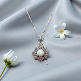 Vintage White Opal Necklace in Sterling Silver, 8mm Opal Pendant, 18K White Gold Plated Floral Jewelry, Anniversary Gift #1145