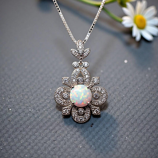 Vintage White Opal Necklace in Sterling Silver, 8mm Opal Pendant, 18K White Gold Plated Floral Jewelry, Anniversary Gift #1145