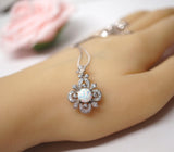 Vintage White Opal Necklace in Sterling Silver, 8mm Opal Pendant, 18K White Gold Plated Floral Jewelry, Anniversary Gift #1145