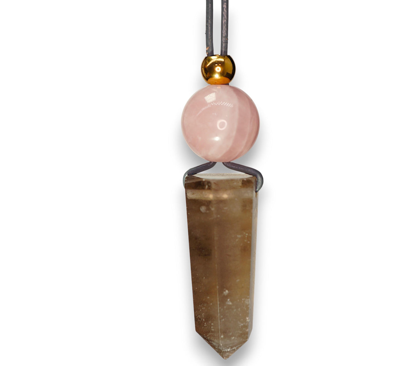 Chunky Smoky Quartz Point Necklace, Geometric Rose Quartz Pendant, Natural Crystal Jewelry, Adjustable Leather #2583