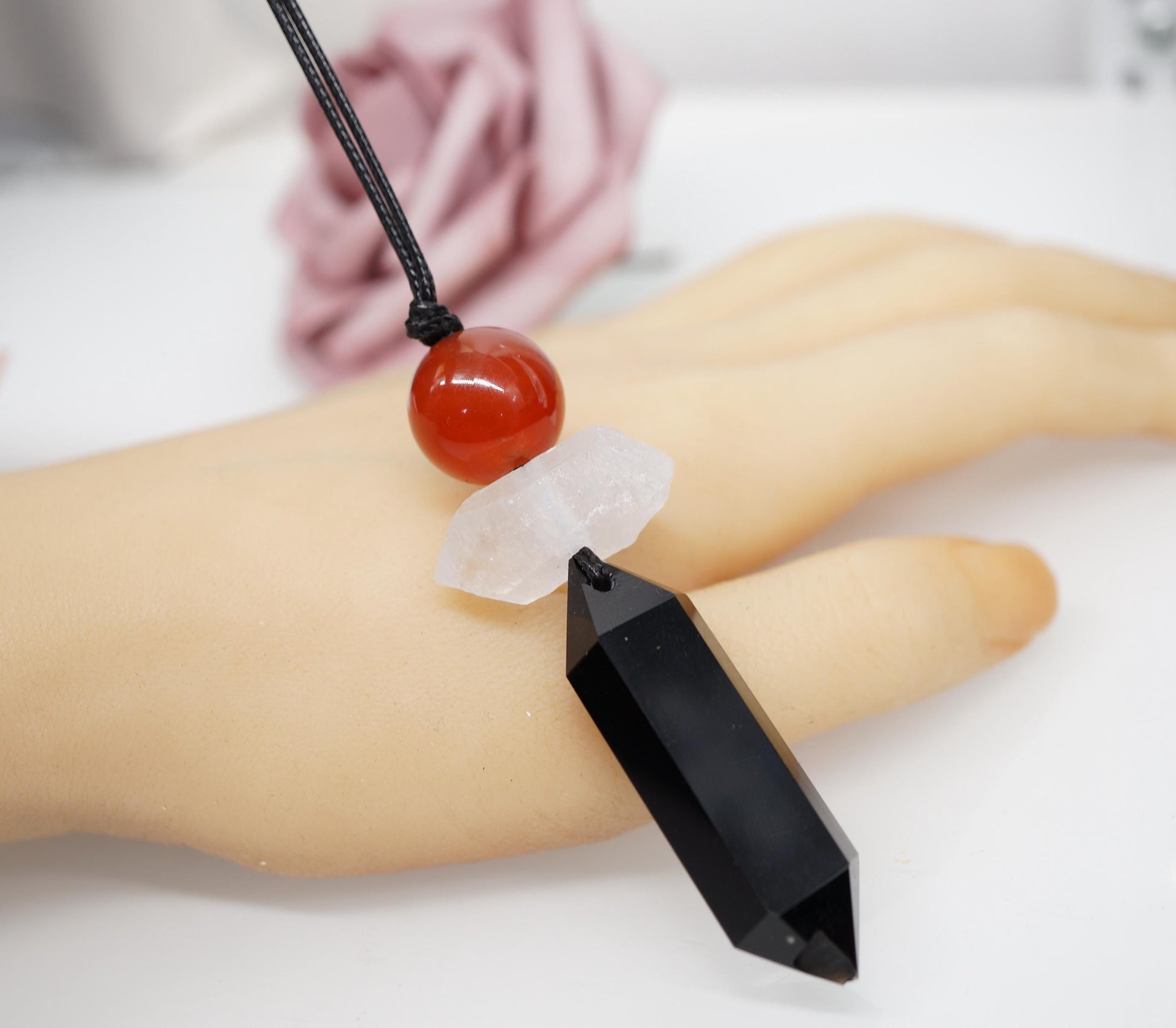 Triple Protection Necklace - Black Obsidian Point,Chunky Clear Quartz Red Carnelian Adjustable 30" Cord - Crystal Talisman Men #2078