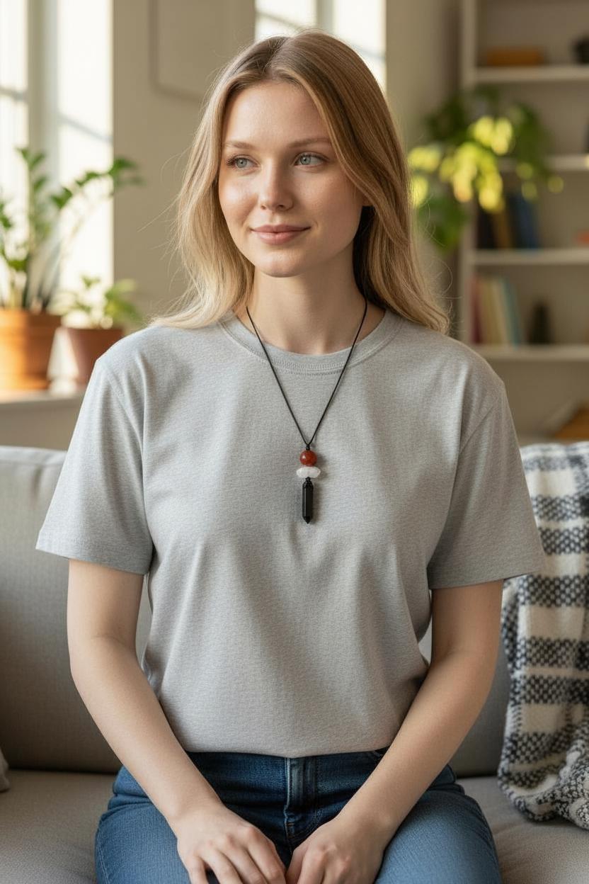 Triple Protection Necklace - Black Obsidian Point,Chunky Clear Quartz Red Carnelian Adjustable 30" Cord - Crystal Talisman Men #2078