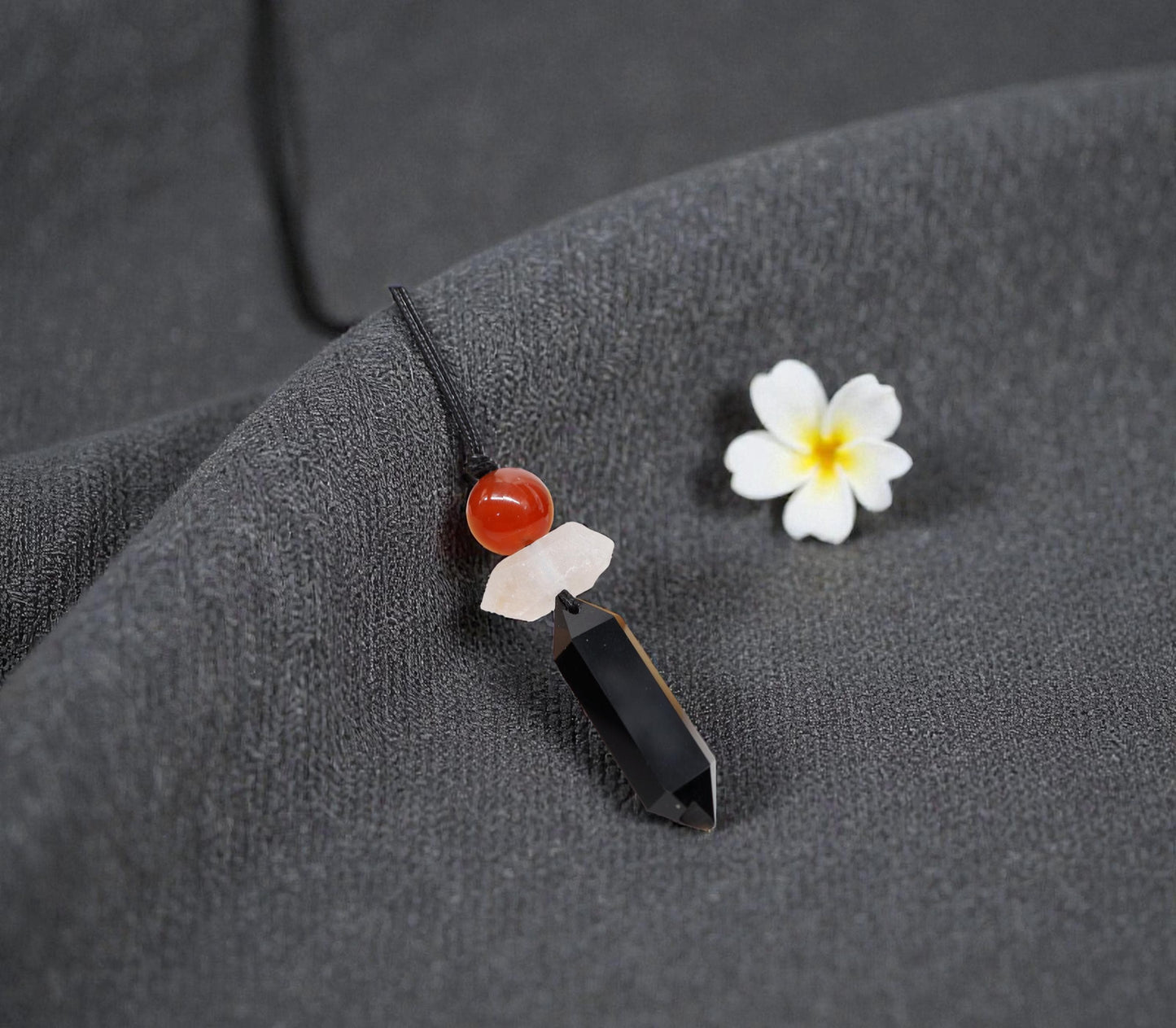 Triple Protection Necklace - Black Obsidian Point,Chunky Clear Quartz Red Carnelian Adjustable 30" Cord - Crystal Talisman Men #2078