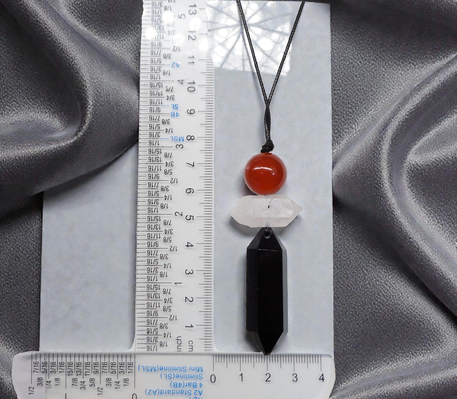 Triple Protection Necklace - Black Obsidian Point,Chunky Clear Quartz Red Carnelian Adjustable 30" Cord - Crystal Talisman Men #2078