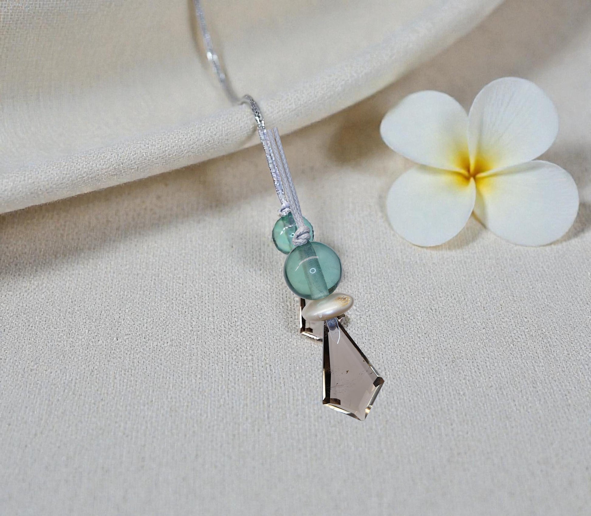 Smoky Quartz Green Fluorite Necklace - Crystal Point Pendant - Natural Pearl Accents - 30" Adjustable Leather - Chunky Healing #2076