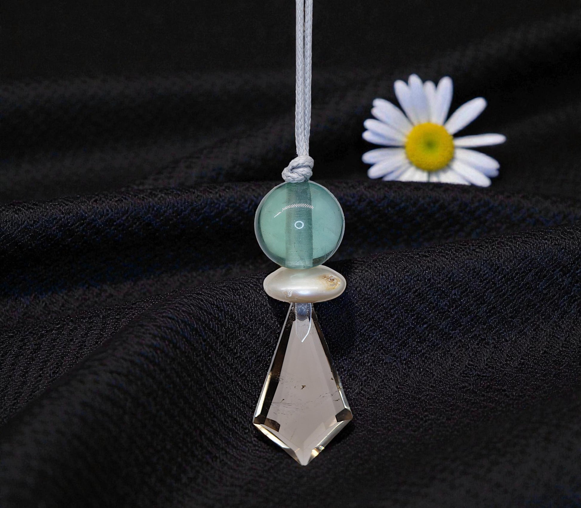 Smoky Quartz Green Fluorite Necklace - Crystal Point Pendant - Natural Pearl Accents - 30" Adjustable Leather - Chunky Healing #2076