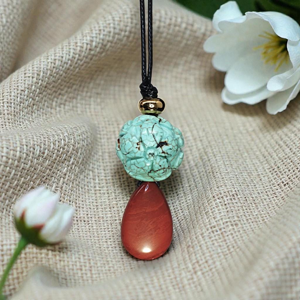 Carved Turquoise Flower & Red Jasper Totem Necklace - 20mm Carved Stone - 30" Adjustable Cord - Earthy Boho Chunky #2075
